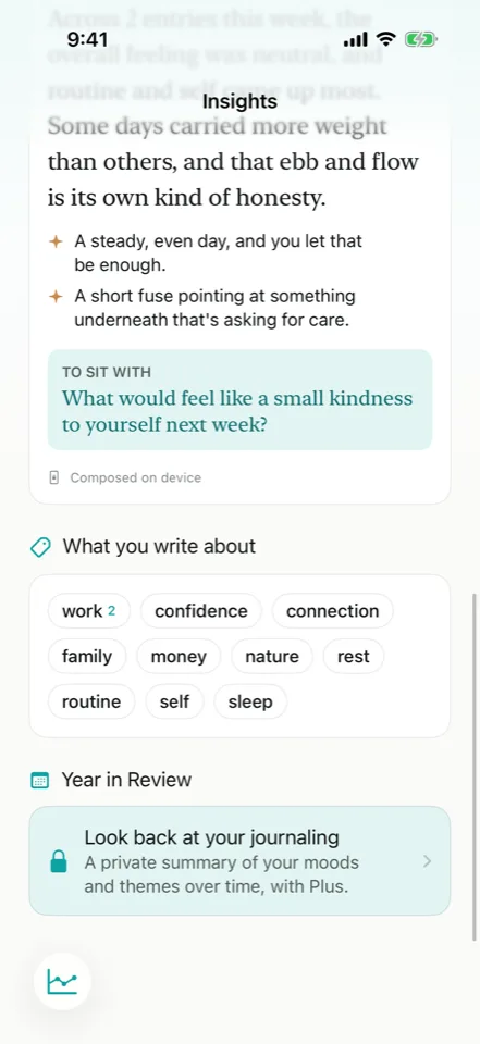 Cove: Return to the week. App preview with example content. In development.