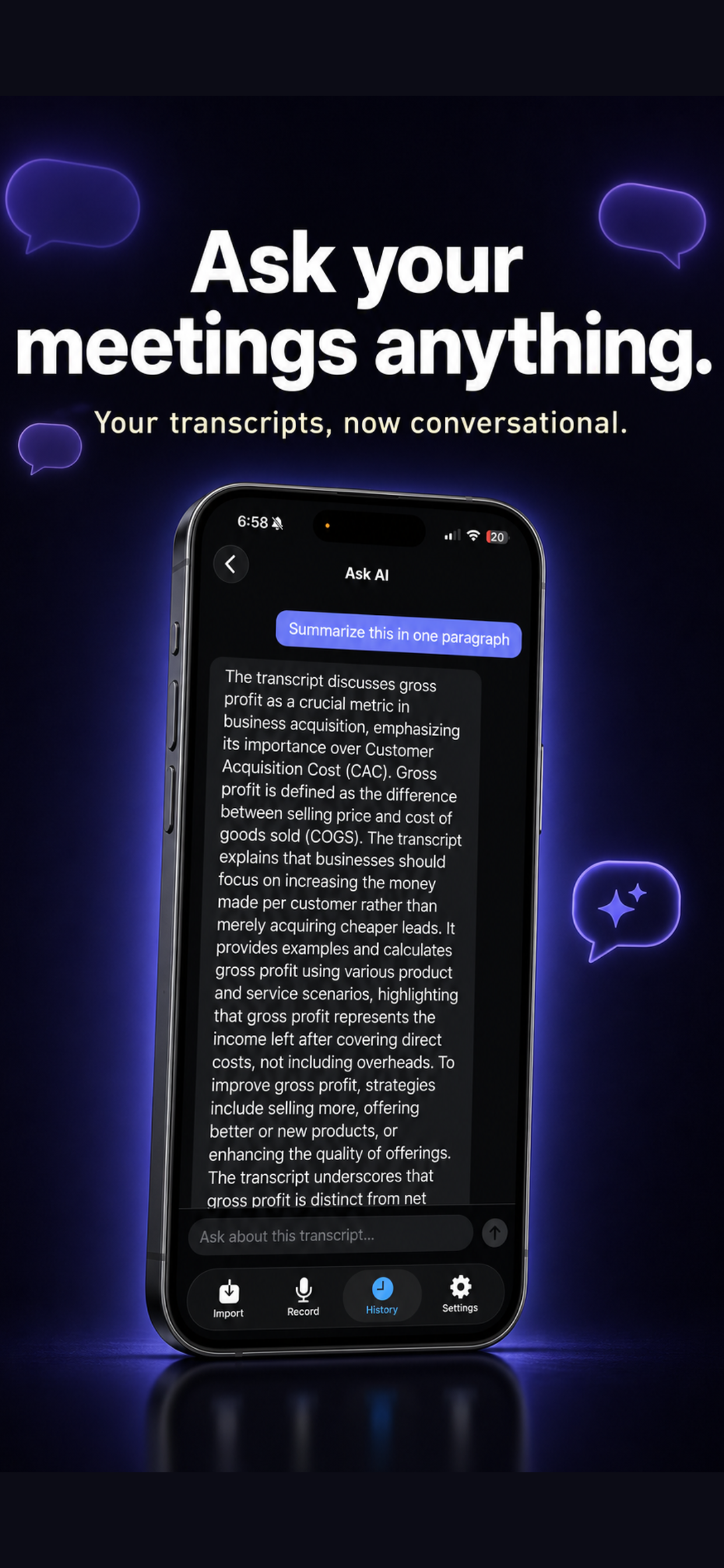 Echo Chamber AI Chat — ask questions about your transcript and get instant on-device AI answers with key points and action items