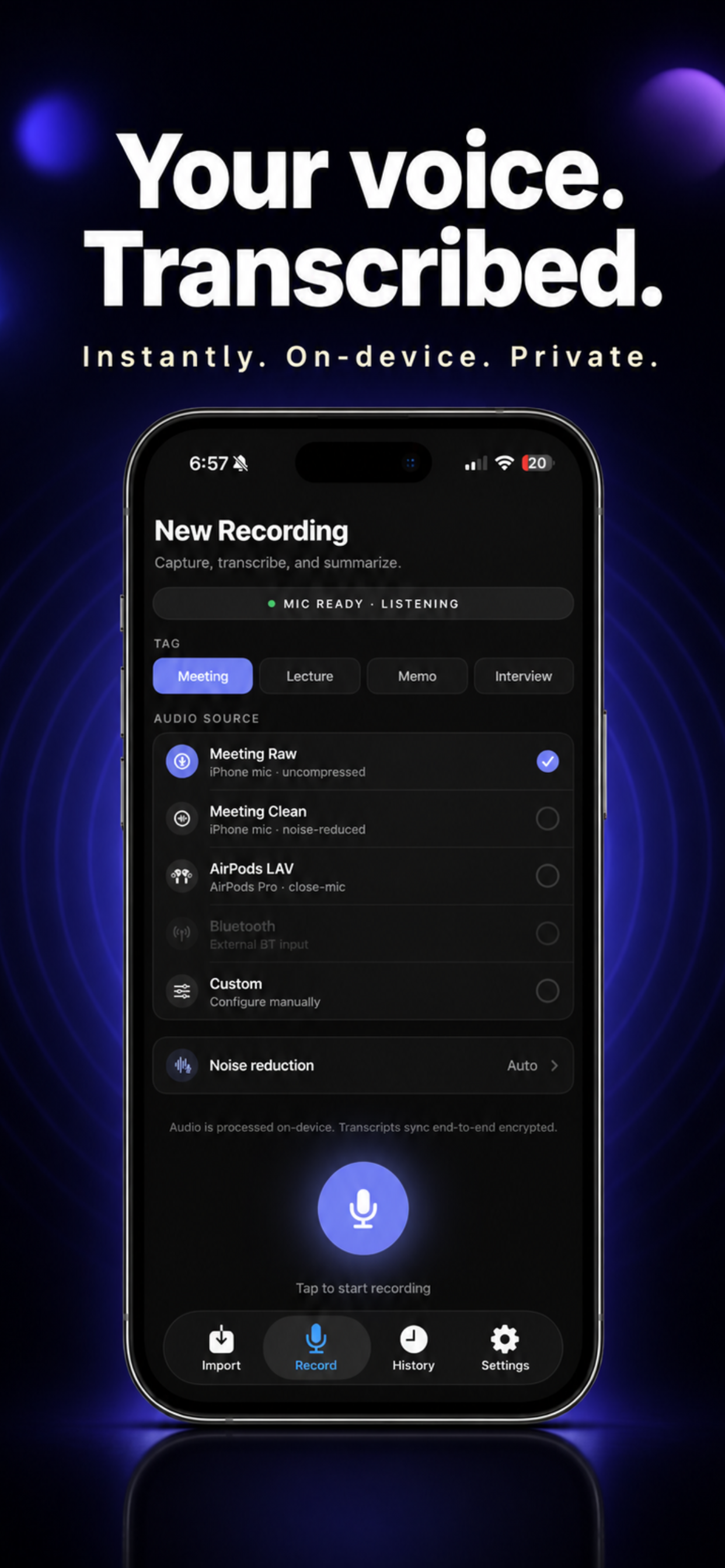 Echo Chamber recording screen — tap to record with live waveform visualization, on-device AI transcription ready
