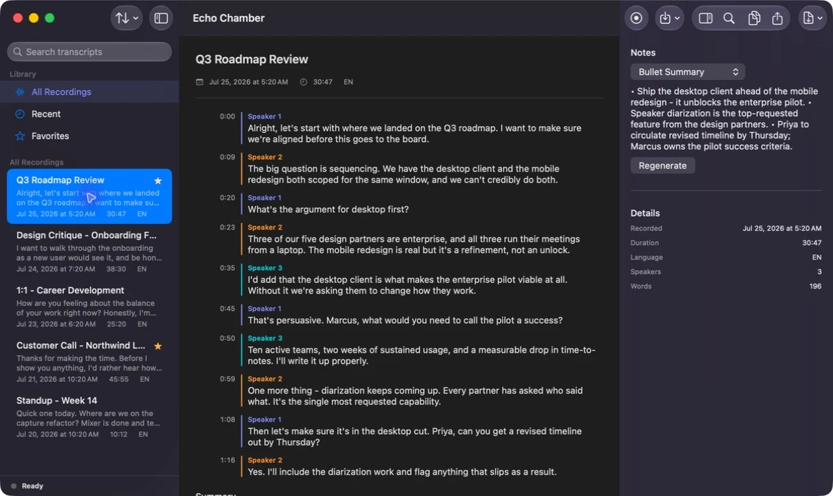 Echo Chamber on Mac, with the recording library, an example meeting transcript, and notes