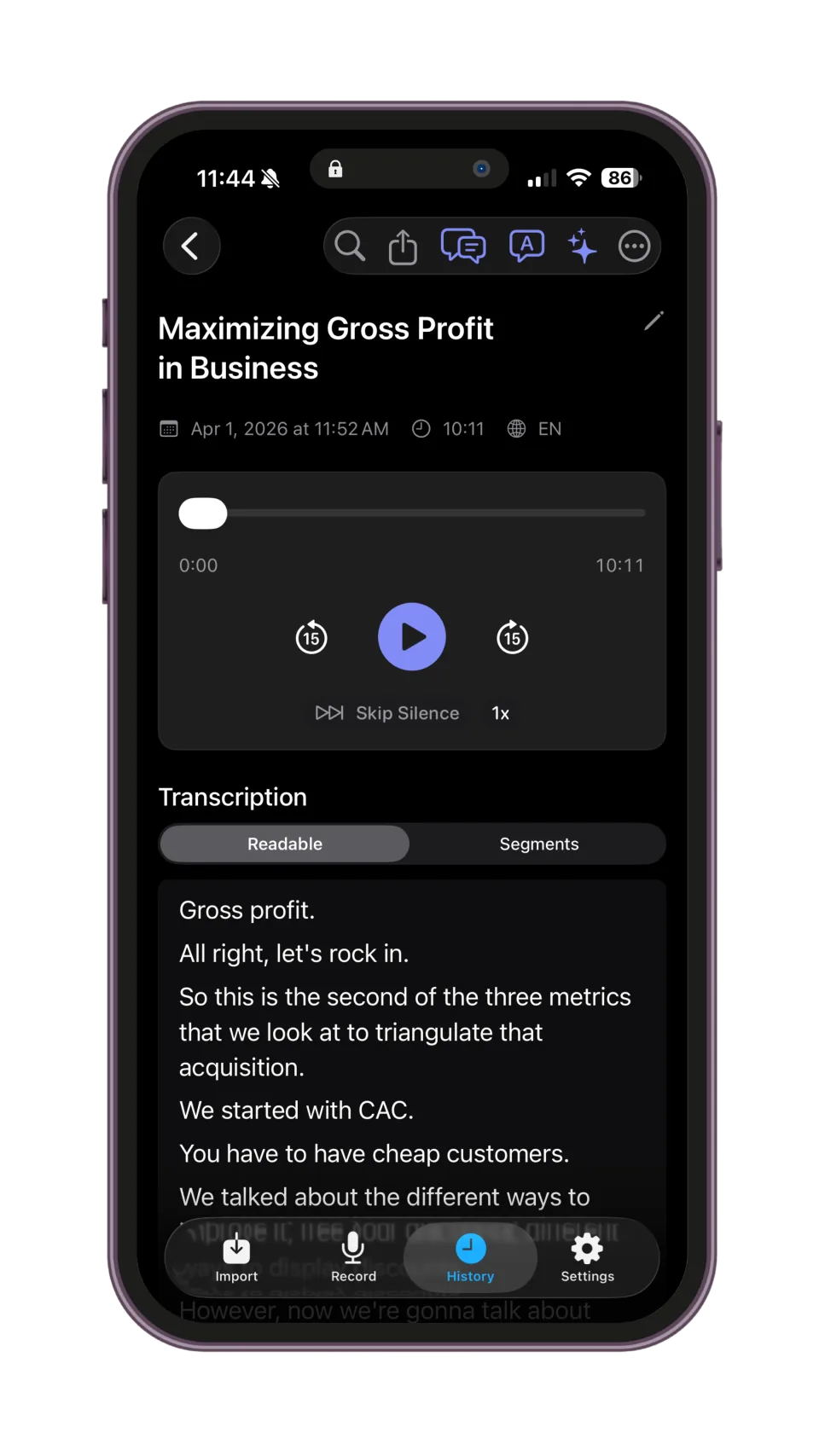 Echo Chamber transcript screen with audio controls, speaker labels, and searchable text