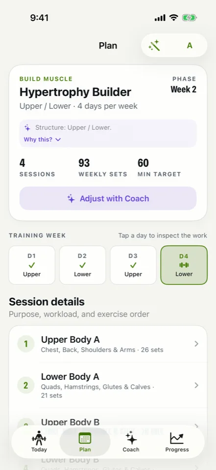Mettle's strength training plan, shown on iPhone