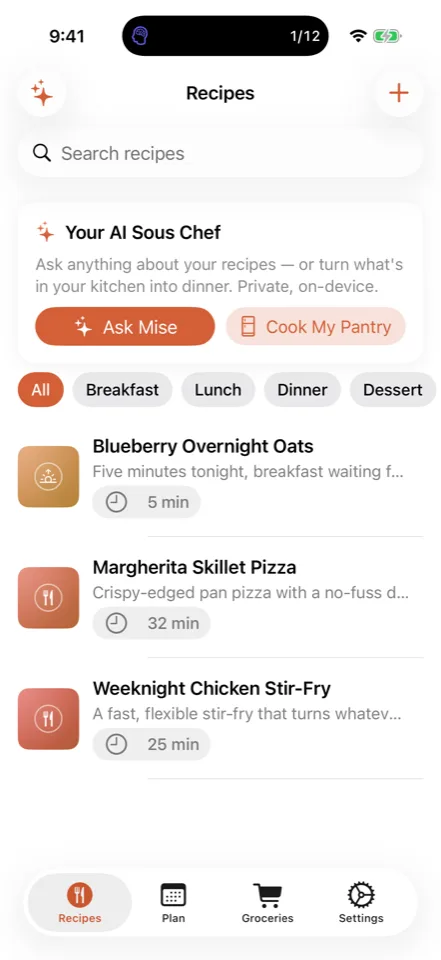 MISE the recipe box screen