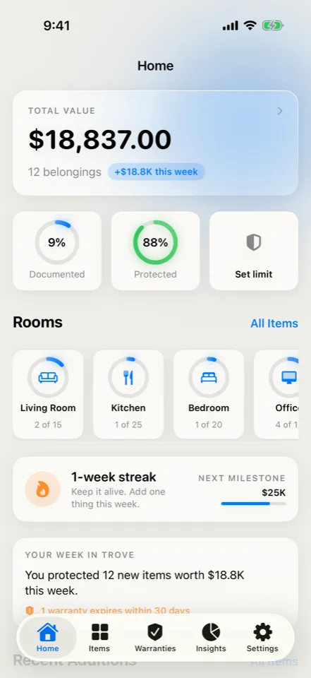 Trove: The inventory. App preview with example content. In development.
