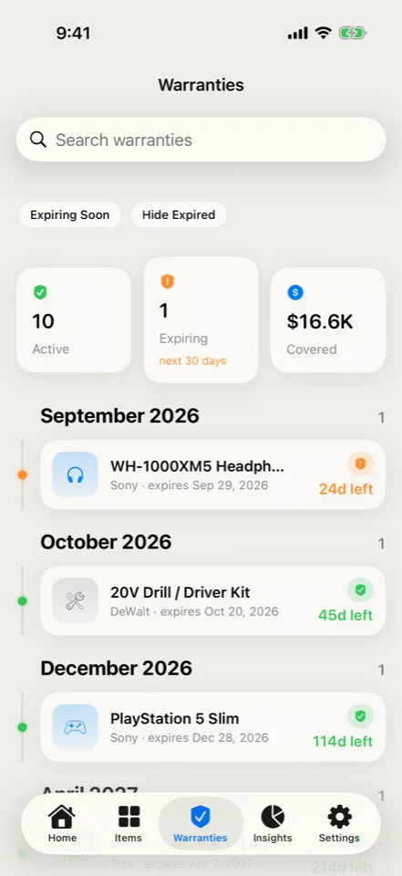 Trove: Before expiry. App preview with example content. In development.