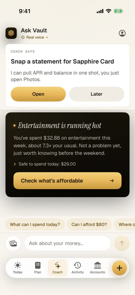 Vault: Work through a decision. App preview with example content. In development.