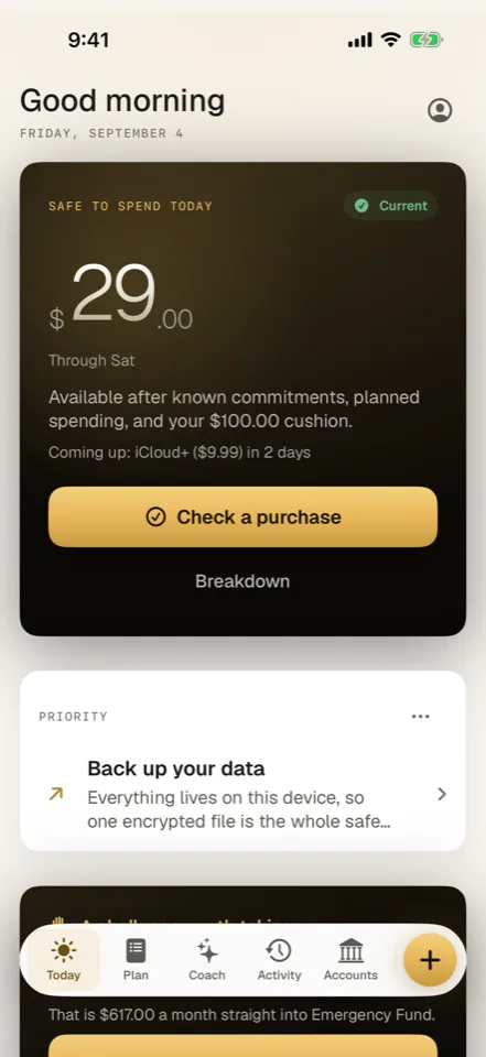 Vault: Before you buy. App preview with example content. In development.