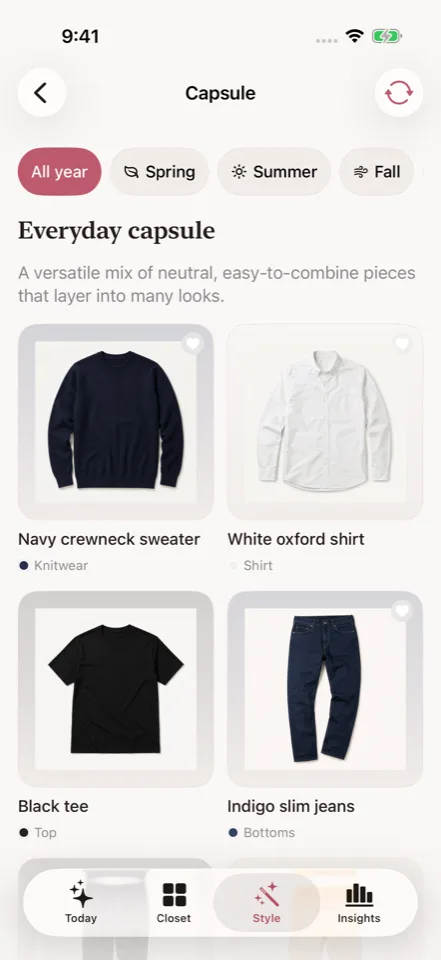 Wove: Build a smaller wardrobe. App preview with example content. In development.