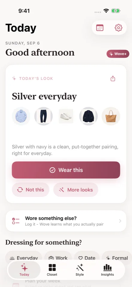 Wove: A look for today. App preview with example content. In development.